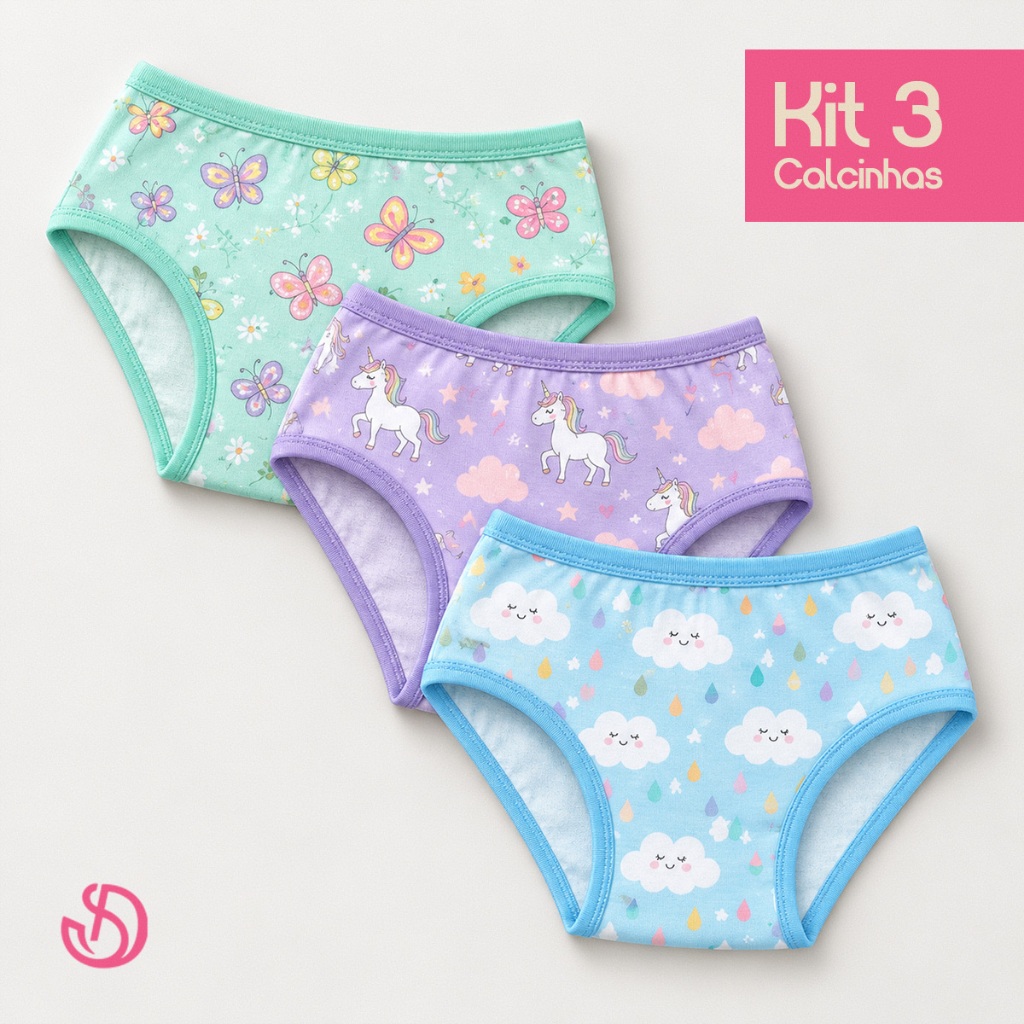 Kit 3 Calcinhas Tanga Infantil Feminina Menina Juvenil Confortável Estampas Sortidas