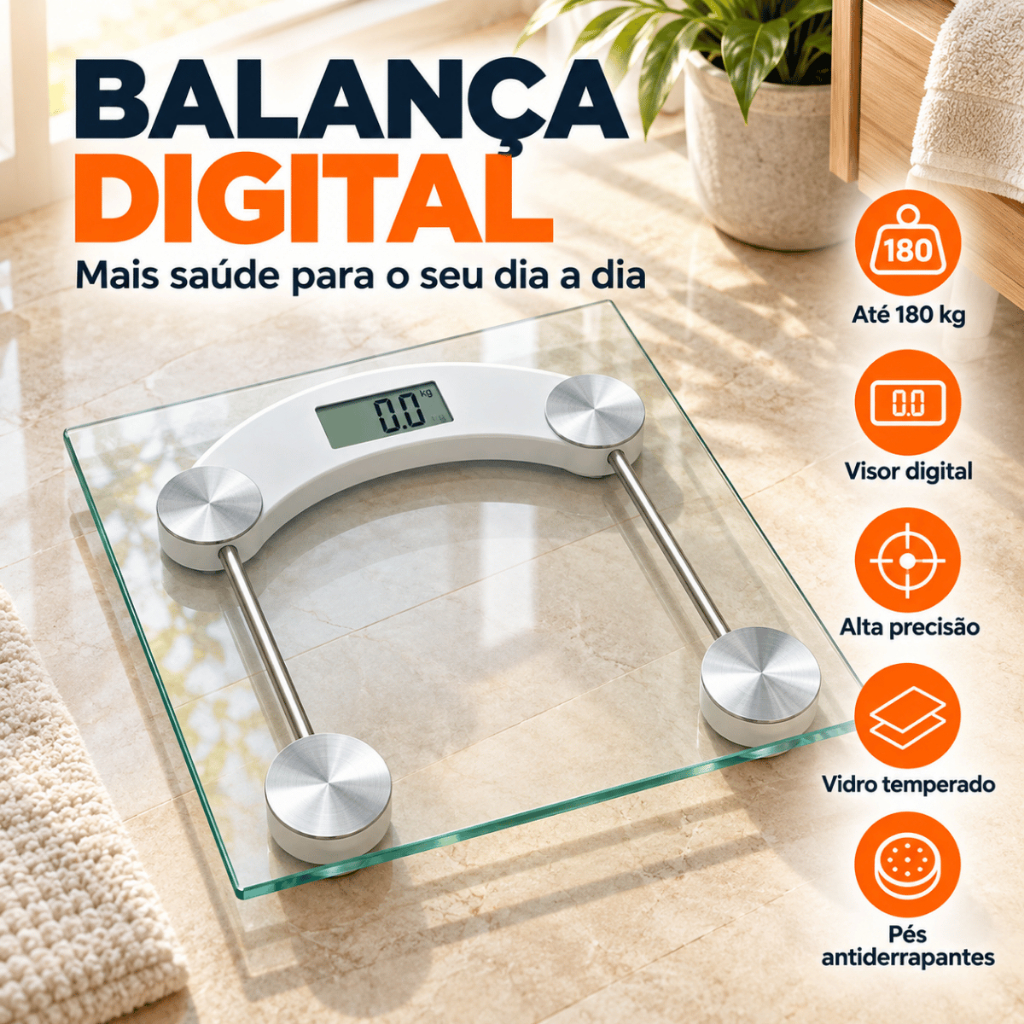 Balança Corporal Digital 180kg de Vidro Temperado com Visor LCD