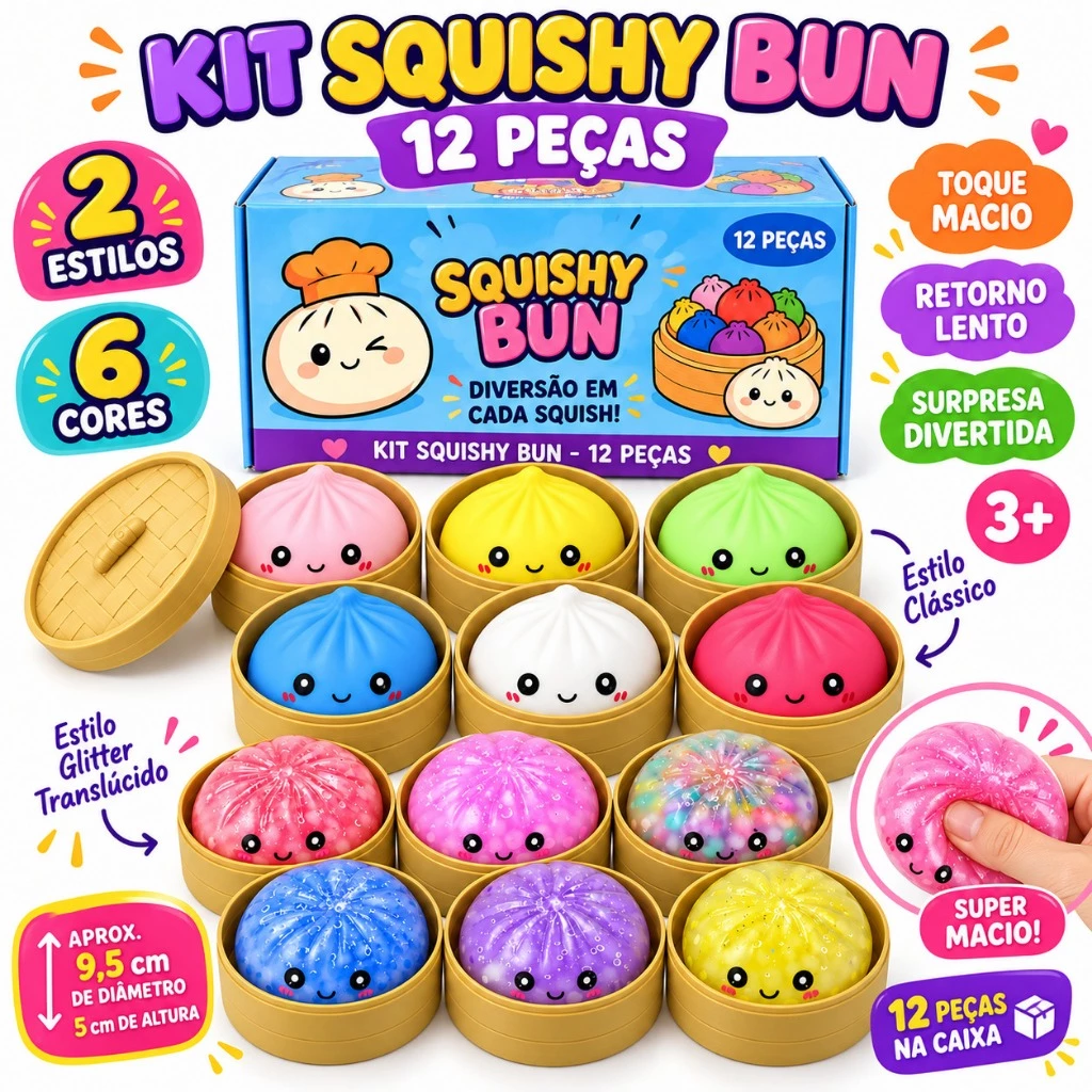 Squishy Bun Surpresa 2 Estilos 6 Cores Brinquedo Sensorial Macio Glitter para Apertar 3+ — imagem 1