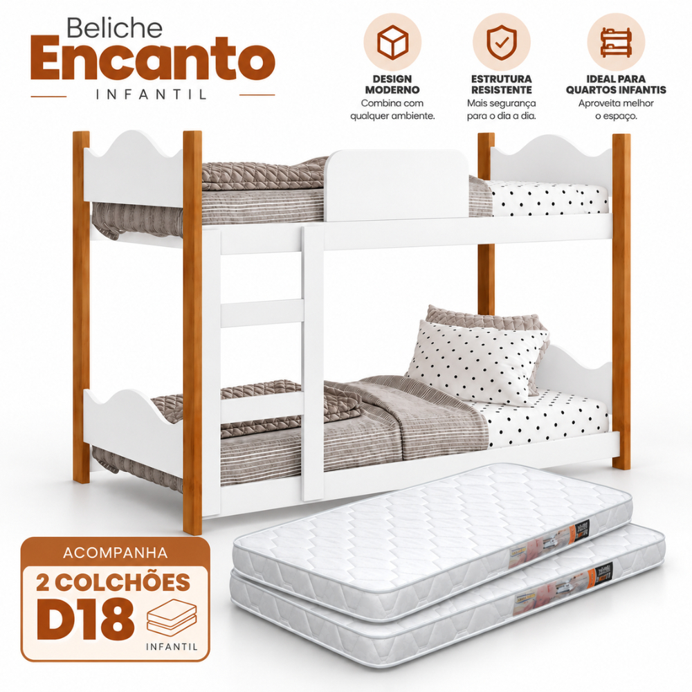 Mini Beliche Infantil Encanto 2 Colchões D18 Incluso Estrutura MDF Branco/Nature - AV