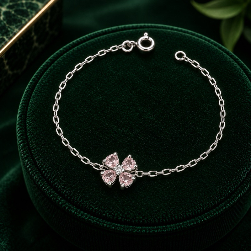 Pulseira Feminina Trevo Rosa claro em Prata 925 Delicada