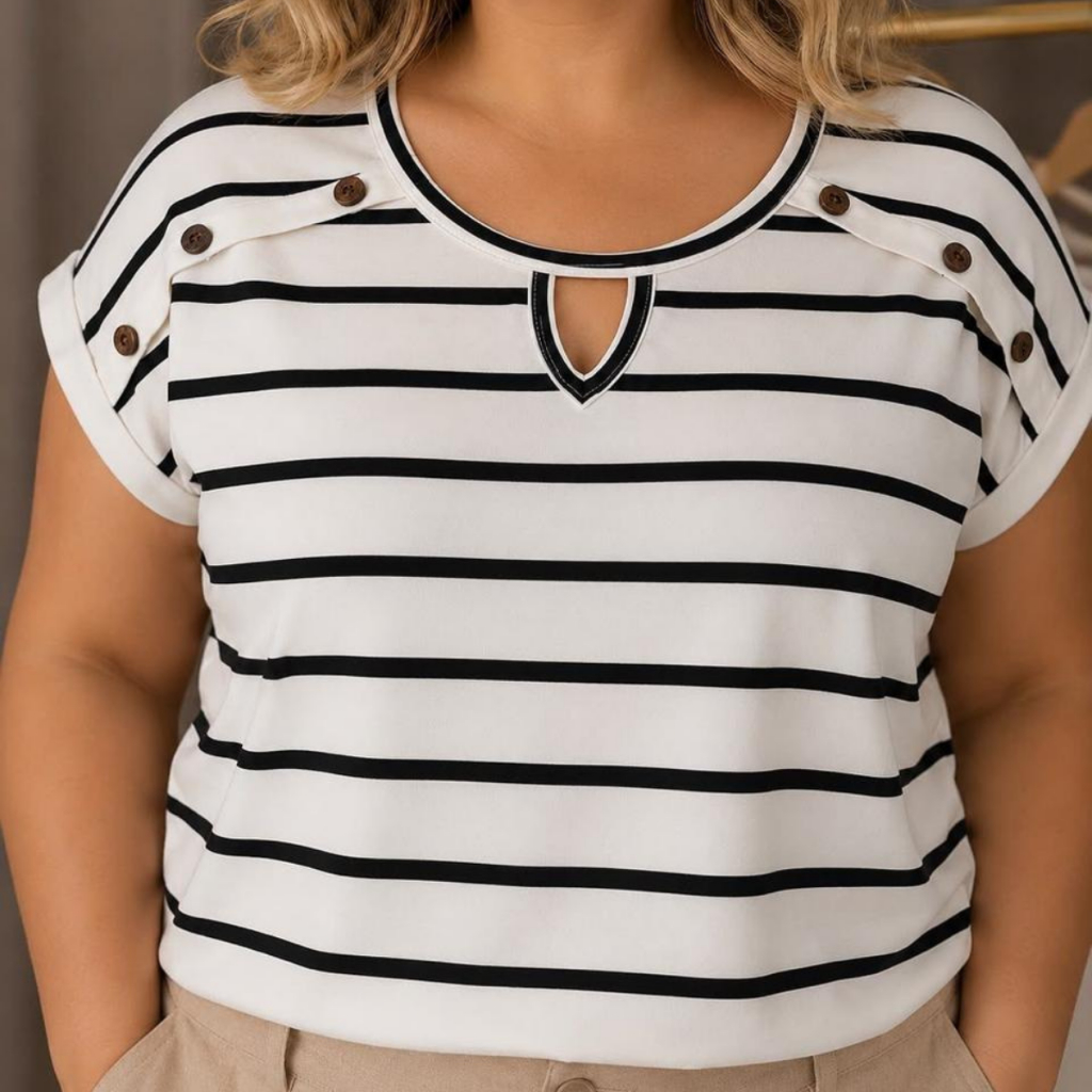 Blusa Camiseta Listrada Feminina Plus Size Manga Japonesa curta dobrada, malha viscolycra