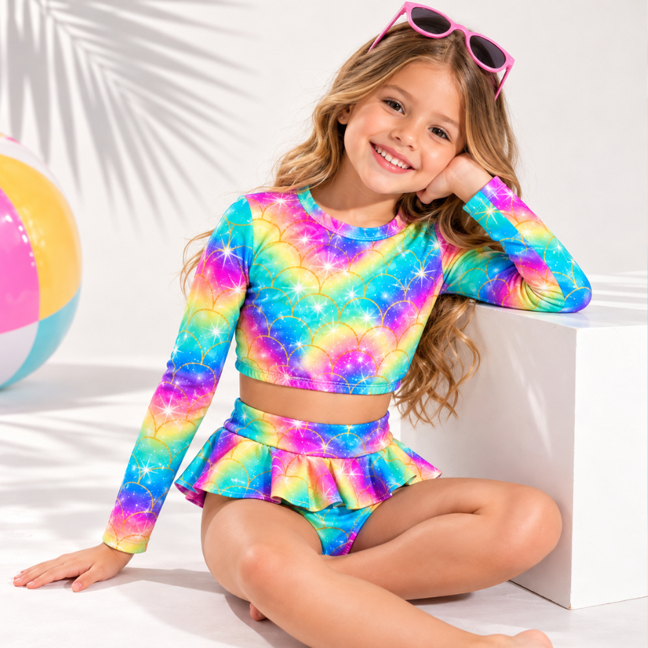 Biquini Infantil Conjunto Top Manga Longa e Calcinha Proteção UV Suplex Premium Moda Praia