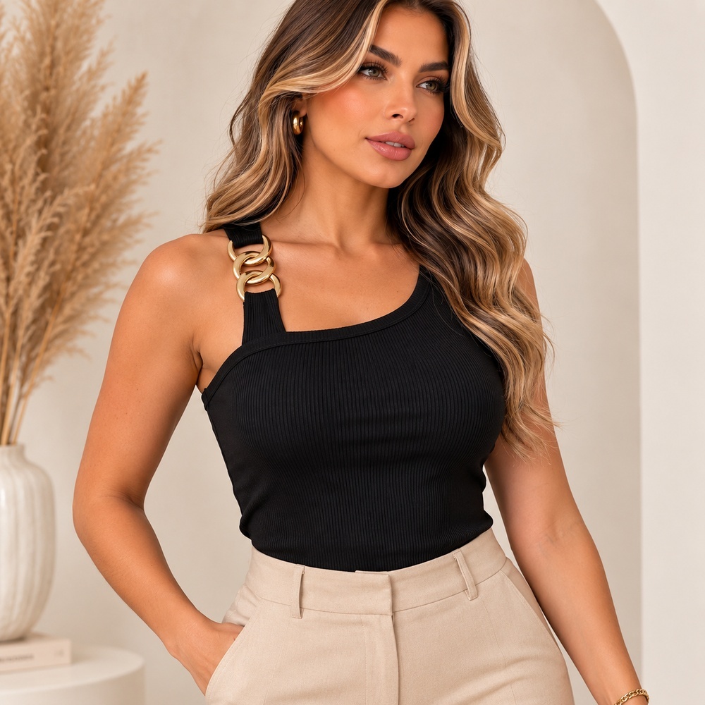 Blusa Feminina Nula Manga Ribana Canelada Premium Um Ombro Só Com Fivela Elegante Caimento Perfeito