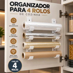 Suporte Organizador para 4 Rolos de Cozinha | Papel Alumínio, Papel Manteiga, Plástico Filme, Sacolas