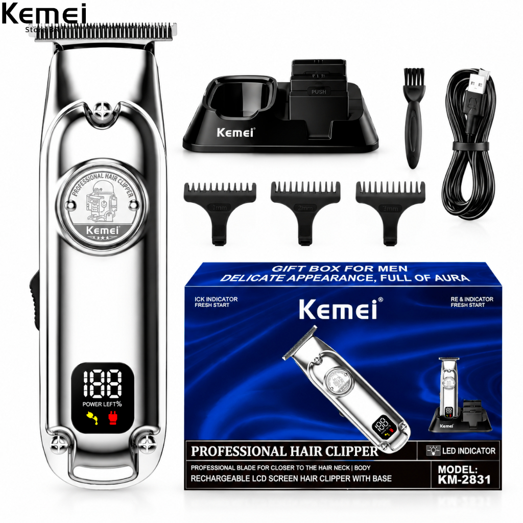 Kemei KM 2831 Máquina De Corte De Barbeiro De Metal Carreento Digital USB Mini Design Corpo De Metal