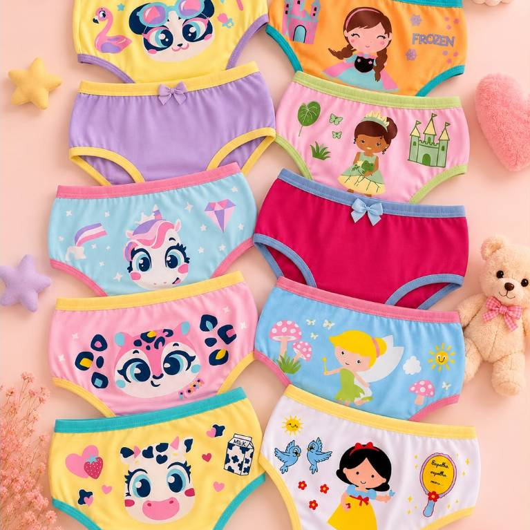 Kit Calcinhas Infantis Menina Algodão Premium Estampadas Confortáveis e Macias Estampas Variadas