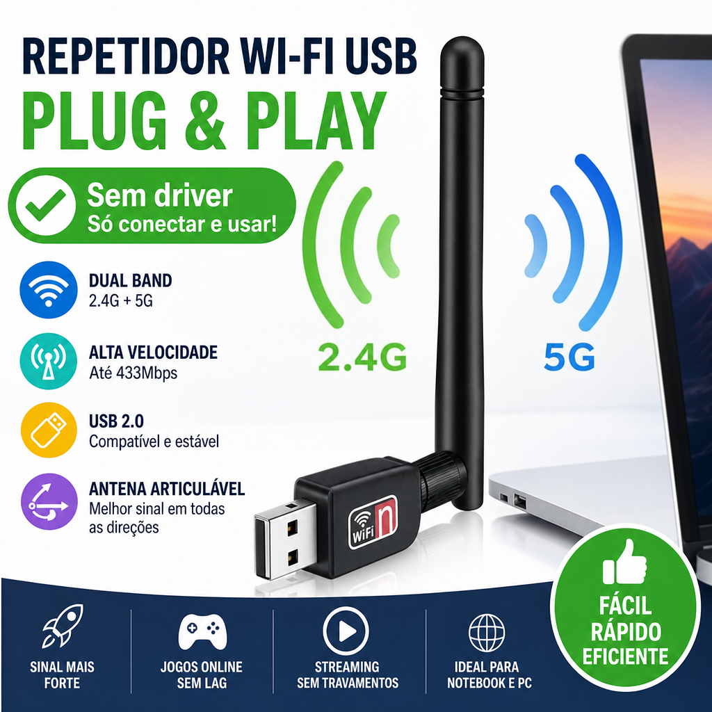 Adaptador WiFi USB 1200Mbps Wireless Antena PC Notebook