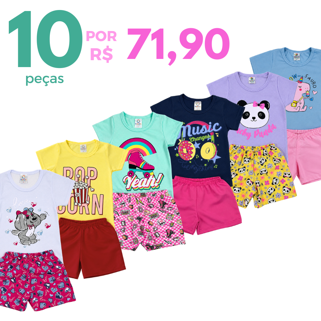 Kit 10 Peças Roupa Infantil Menina Verão Conjunto Sortido Estampado Camiseta + Shorts Liso
