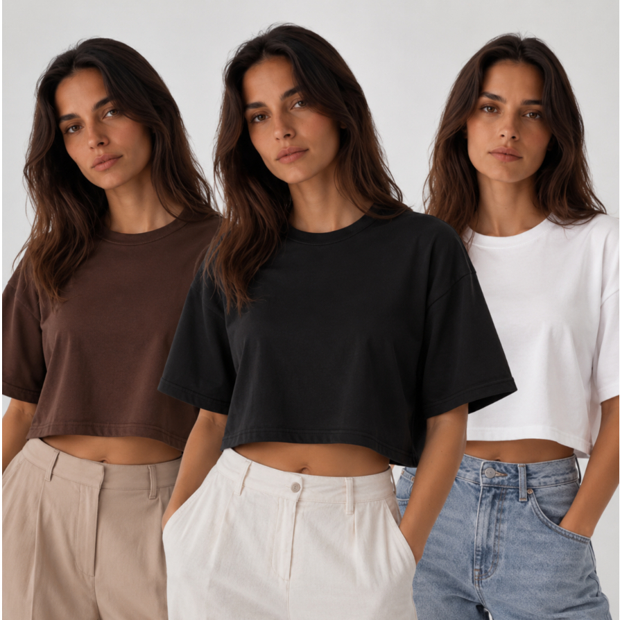 Kit 3 Cropped Feminino Oversized Básico Algodão Premium Manga Curta