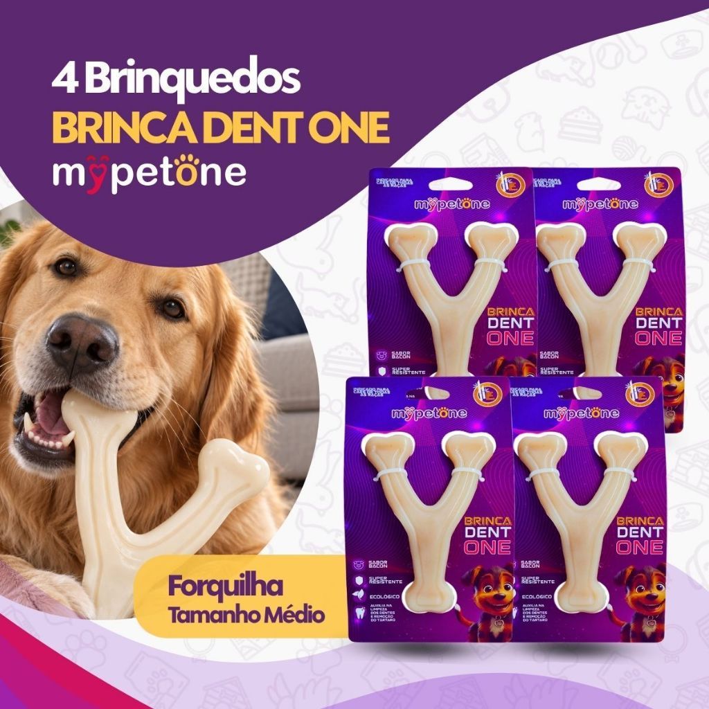 Kit 4 Brinquedo Osso Bamboo Brinca Dent One Sabor Bacon - Forquilha Médio