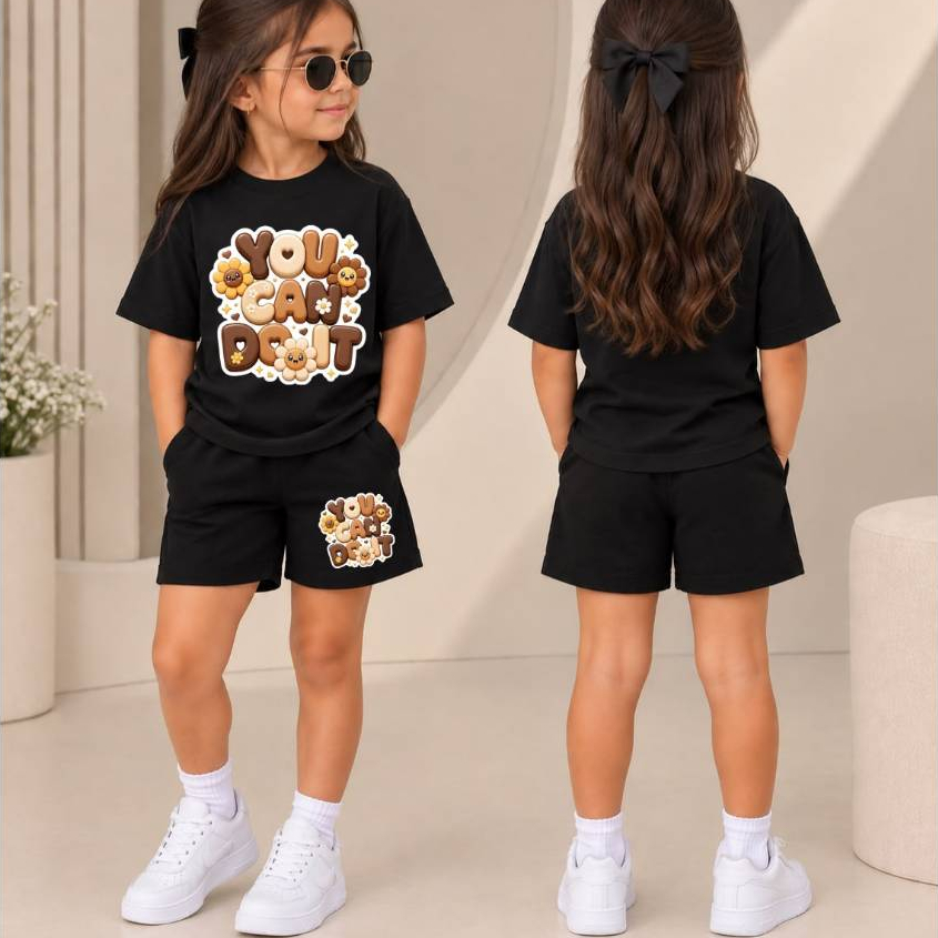 Lookinho de Princesa Conjunto Infantil Feminino Camiseta Básica + Short Moletom Estampa Delicada You Can do It