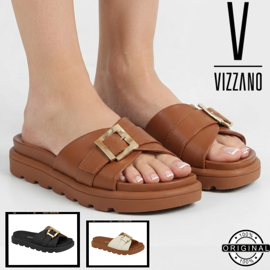 Sandália Feminina Papete Vizzano Fivela Detalhe Dourado Flatform Tratorada Confortável Casual 6510130 Original
