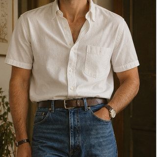 Camisa de Botão Masculina Manga Curta Reto Social Casual com Elastano Confortável de Verão Tradicional Old Money Fresca