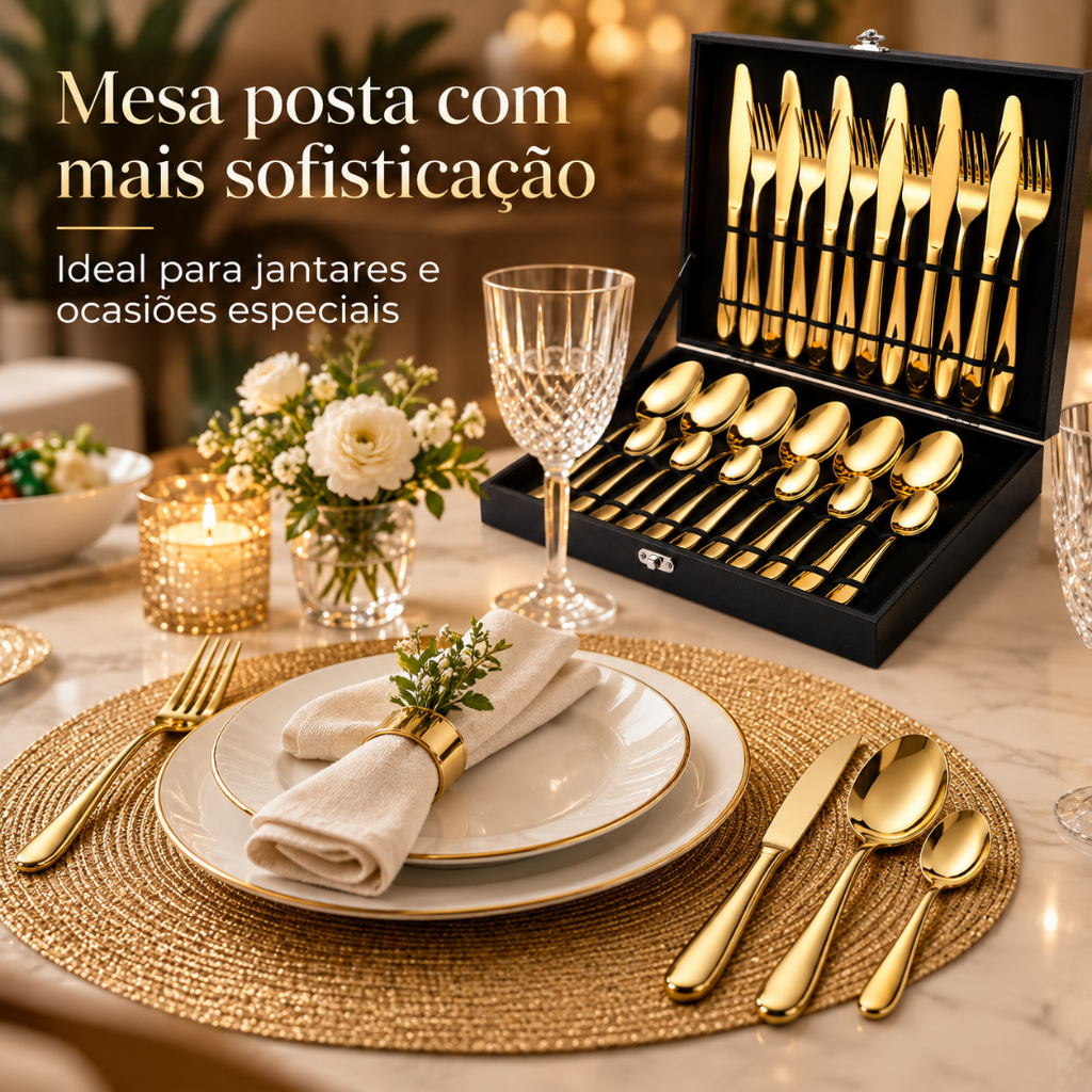 Jogo de Talheres Inox Dourado 24 Peças Para 6 Pessoas Kit Completo Garfo Faca Colher Mesa Posta Elegante Premium · foto 2