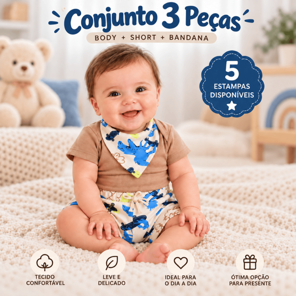 Conjunto Bebê Menino 3 Peças Body Manga Curta Shorts e Babador Bandana Algodão