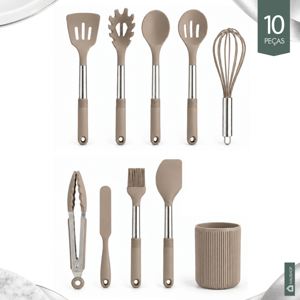 Kit Utensílios Cozinha 10 Peças Silicone Cabo Inox Grande Premium com Suporte: Não Enferruja Resistente Haushop Completo · foto 2