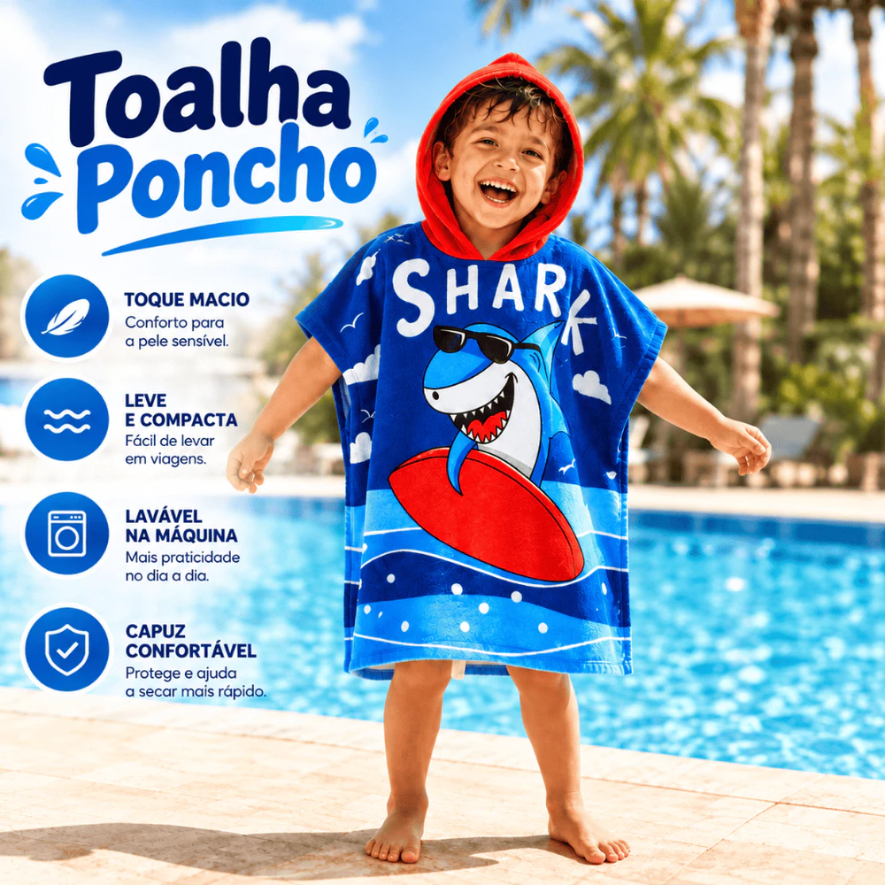 Toalha Roupão Infantil para Piscina Praia com Capuz | Poncho Menino Menina Sereia Tubarão Unicórnio