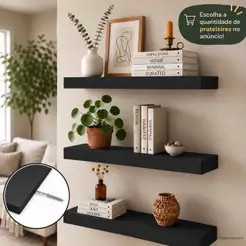 Prateleira Preta 40x20 Grossa 30mm MDF Suporte Invisível