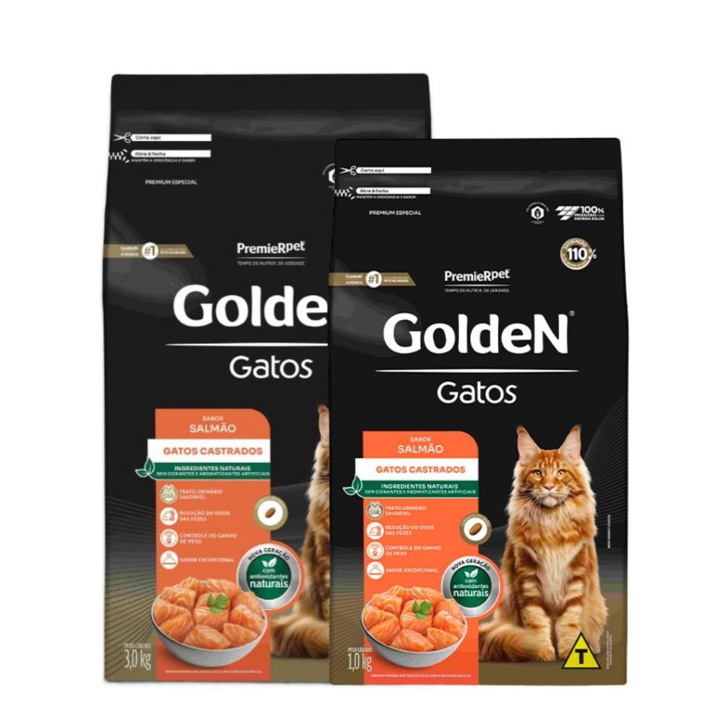 Ração Golden Gatos Adultos Castrados Salmão (1kg ou 3kg)  - Golden Premier