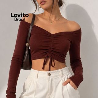 Lovito Blusa Casual Feminina Cropped com Franzido BLB18001830