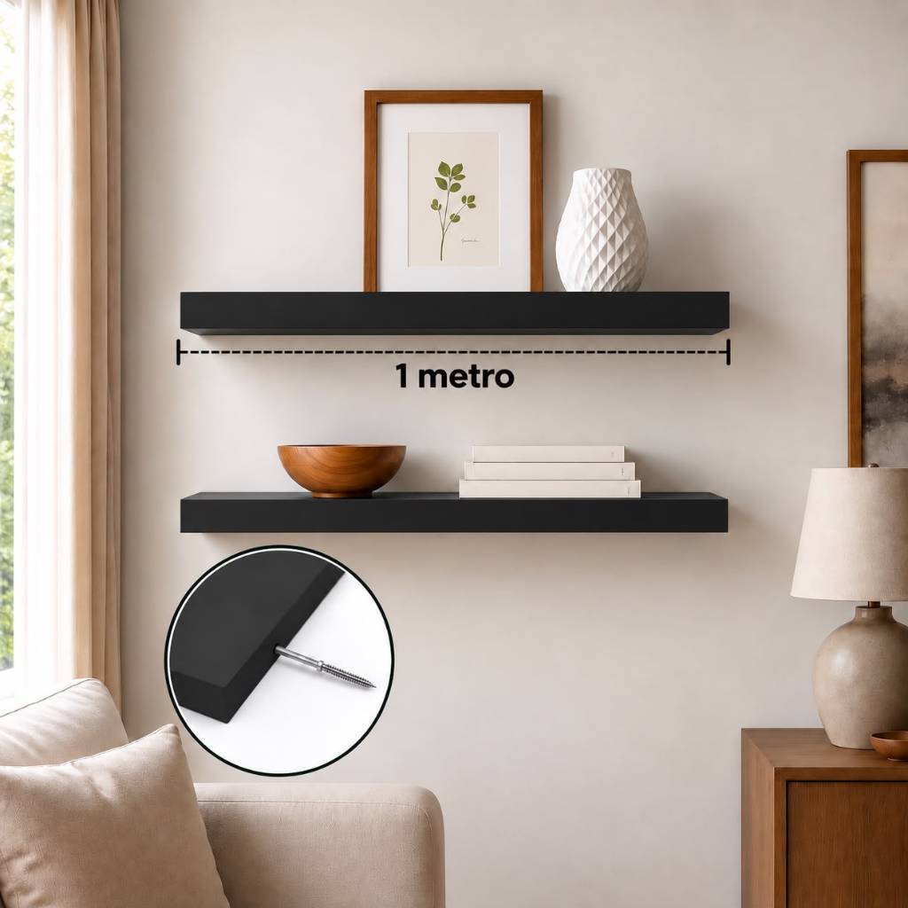 Prateleira Preta 100x20 Grossa 1 metro 30mm Suporte Invisível Flutuante Decorativa