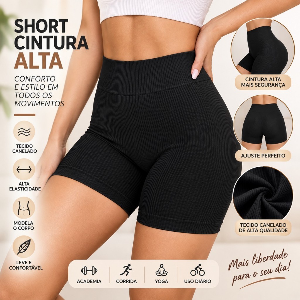 Shorts Fitness Canelado Cintura Alta Academia Zero Transparencia Feminino Premium Confortável