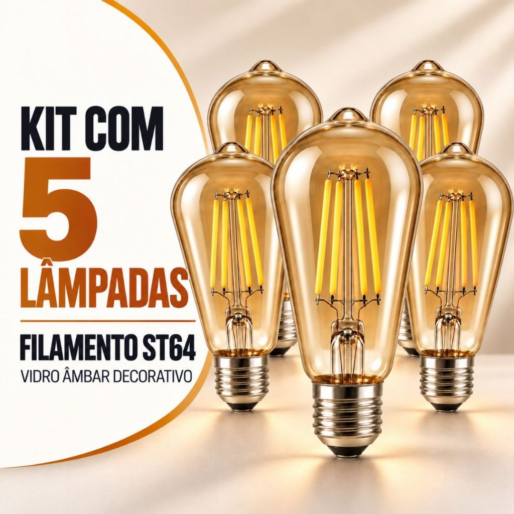 Kit 5 Lâmpada Led Filamento ST64 4w 2400k Âmbar Bivolt 110v 220v Vintage Decorativa Elegante Pêra