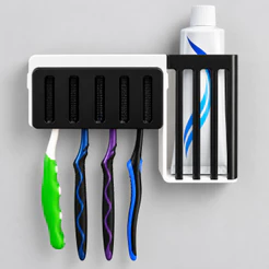 Suporte Porta Escova de Dente 4 Slots Fechados C/ Porta Pasta Creme Dental Fita Dupla Face S/ Furar Acompanha Dupla Face