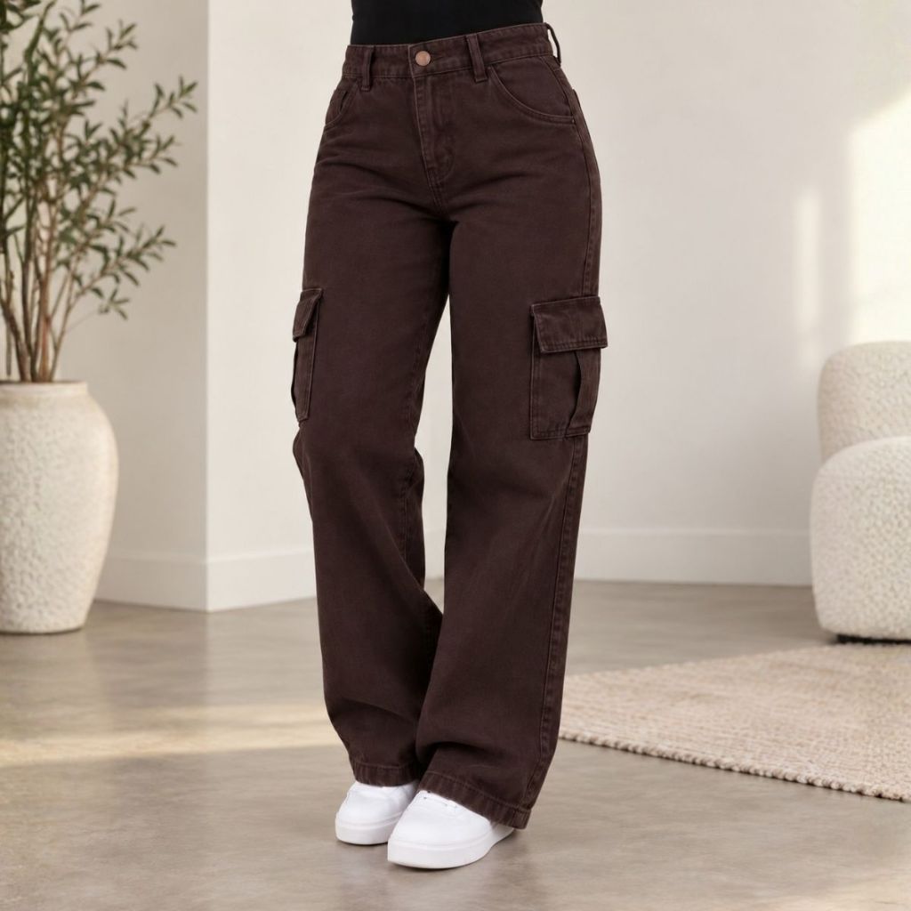 Calça Jeans Marrom Wide Leg Feminina Cargo Cintura Alta Festa Tecido Grosso Elegante