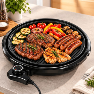 Grill Elétrico Redondo Premium Termostato Ajustável Tampa de Vidro 40cm 127V/220V Antiaderente Fácil Limpeza Sem Fumaça