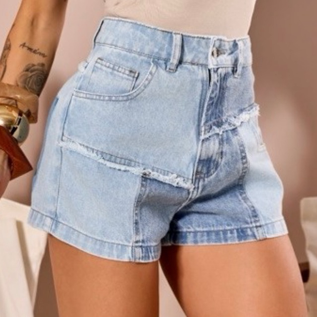 Shorts Jeans Feminino Duo Detalhes Recortes Cintura Alta Moda Premium