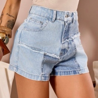 Shorts Jeans Feminino Duo Detalhes Recortes Cintura Alta Moda Premium