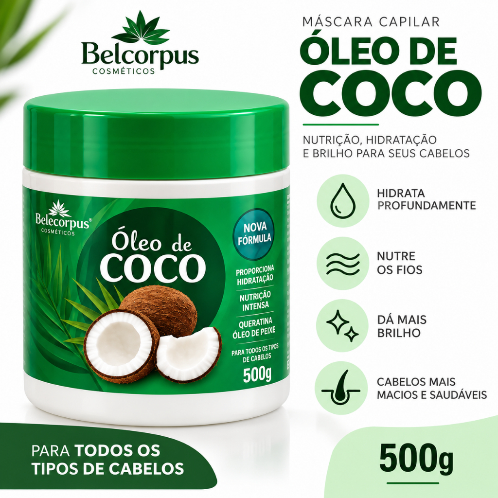 Máscara de Hidratação Capilar Óleo de Coco 500g – Hidratação e Brilho - Bell Corpus