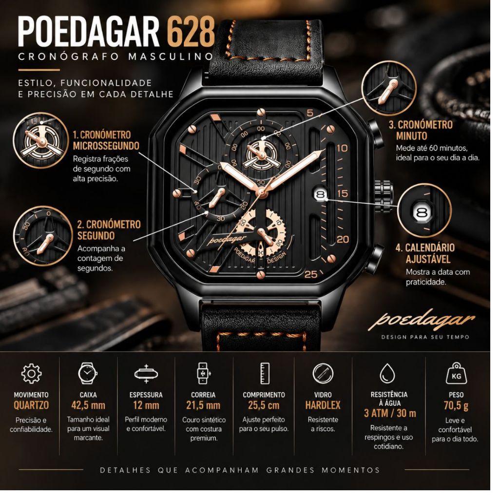 Relógio Masculino de Pulso Poedagar 628 Cronógrafo Luminoso Couro Preto Quartzo Prova D'água com Calendário — imagem 2 de 2