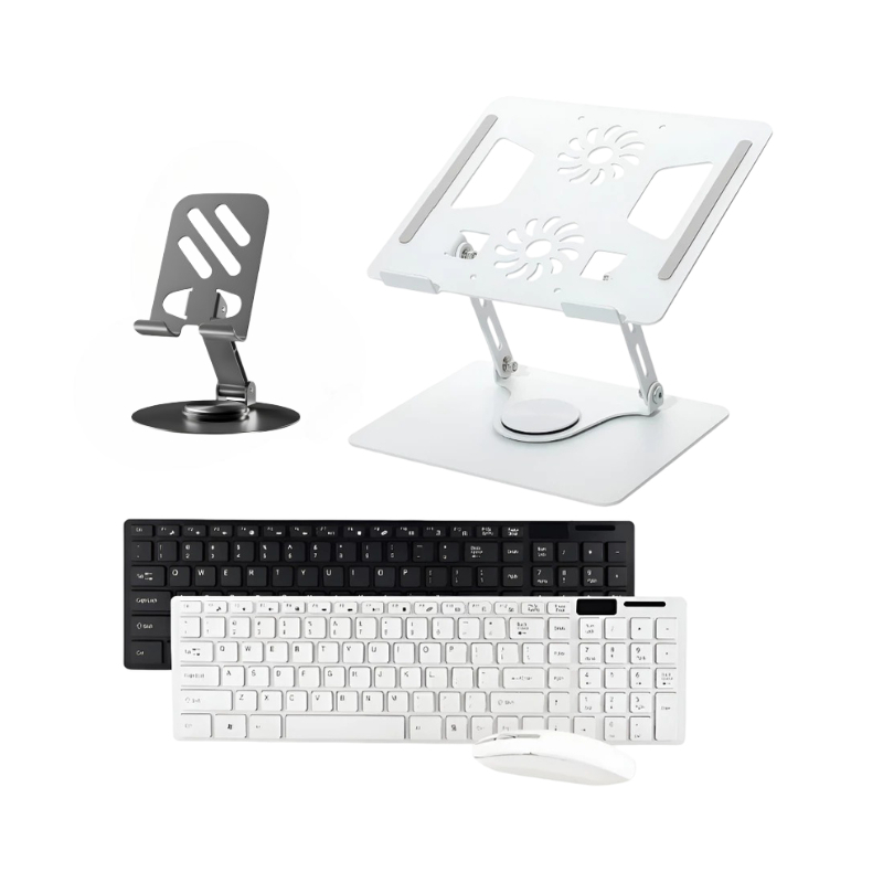 Kit Home Office Teclado Mouse Sem Fio Suporte Aluminio Notebook Tablet Com Suporte Celular Ajustável
