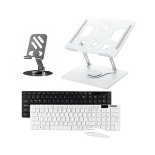 Kit Home Office Teclado Mouse Sem Fio Suporte Aluminio Notebook Tablet Com Suporte Celular Ajustável