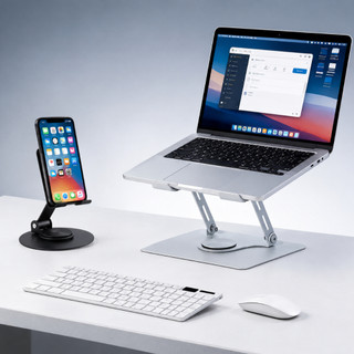 Kit Home Office Suporte Aluminio Notebook Tablet Com Teclado Mouse Sem Fio Suporte Celular Ajustável