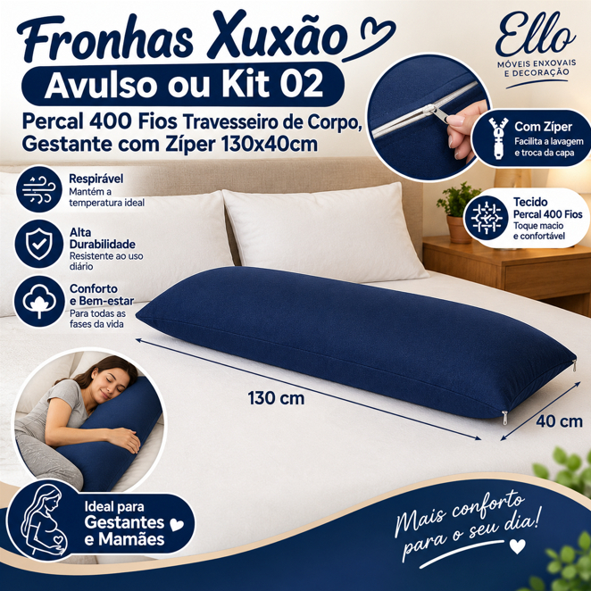 Fronhas Xuxão Avulso , 2, 4 ou 6 Pçs, Travesseiro de Corpo, com Zíper 130x40cm - Percal 400 Fios