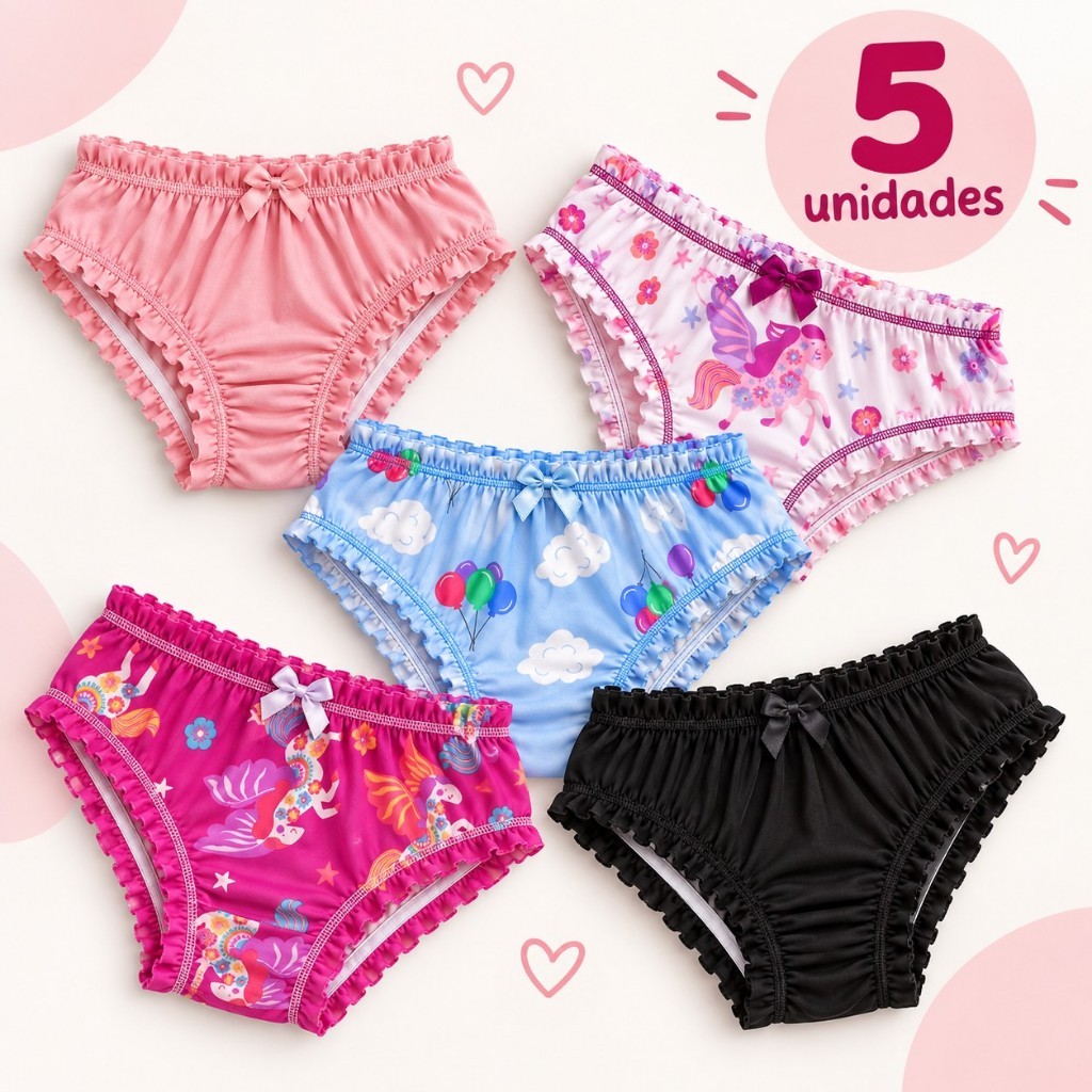 Kit 5 Calcinhas Infantis Menina Lisas e Estampadas Sortidas Forro Algodão M G GG