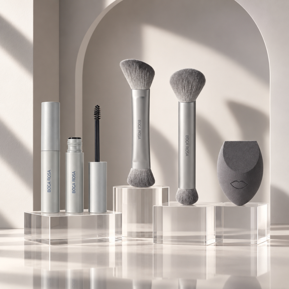 Pincel Duo 1, Duo 2, Máscara de Sobrancelhas e Esponja Cinza - Boca Rosa