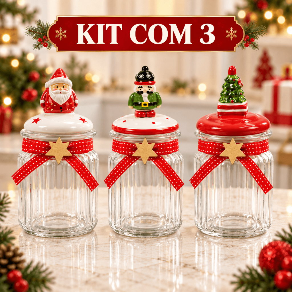Kit 3 Potes de Vidro Natalino 300mL Tampa Decorada Boneco de Gengibre - Porta Biscoitos Bomboniere Decoração de Natal