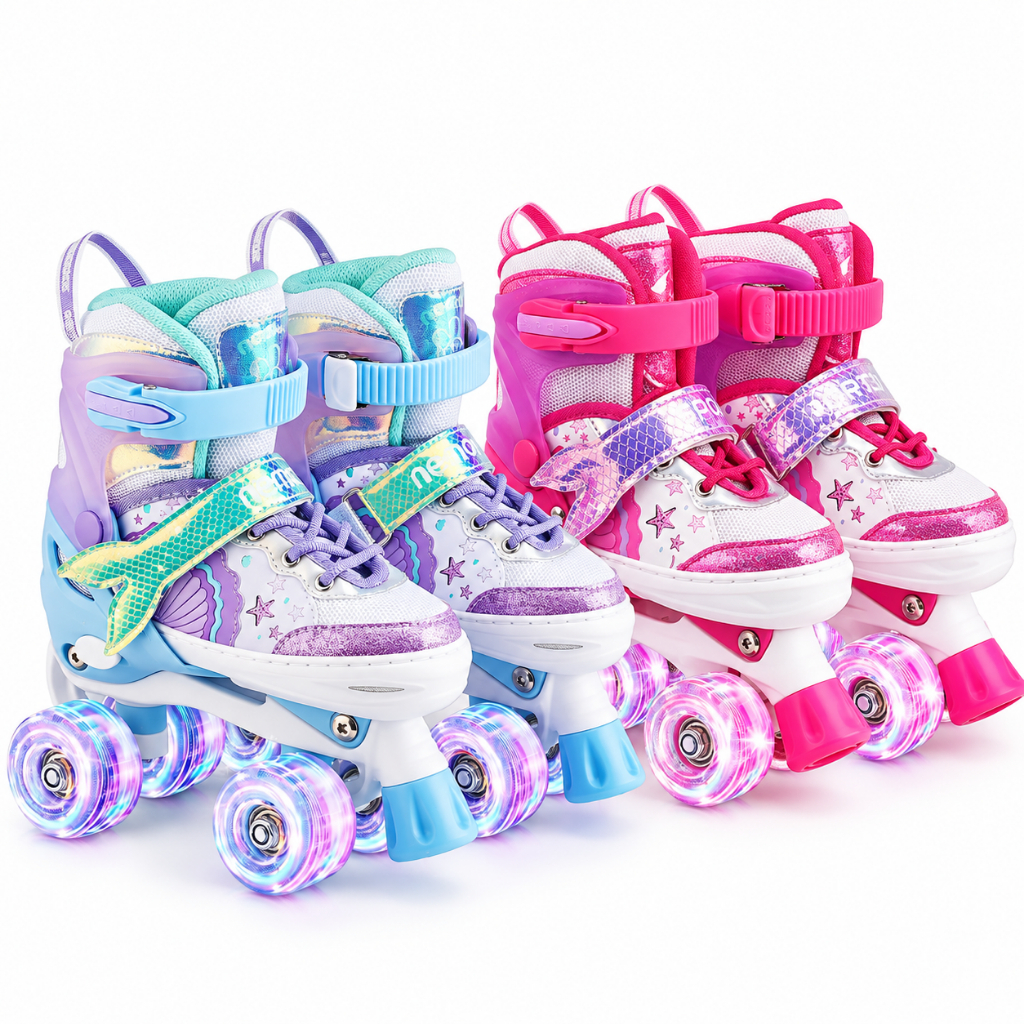 Patins Infantil Menina 4 Rodas Ajustável Com ou Sem Kit de Proteção + Led