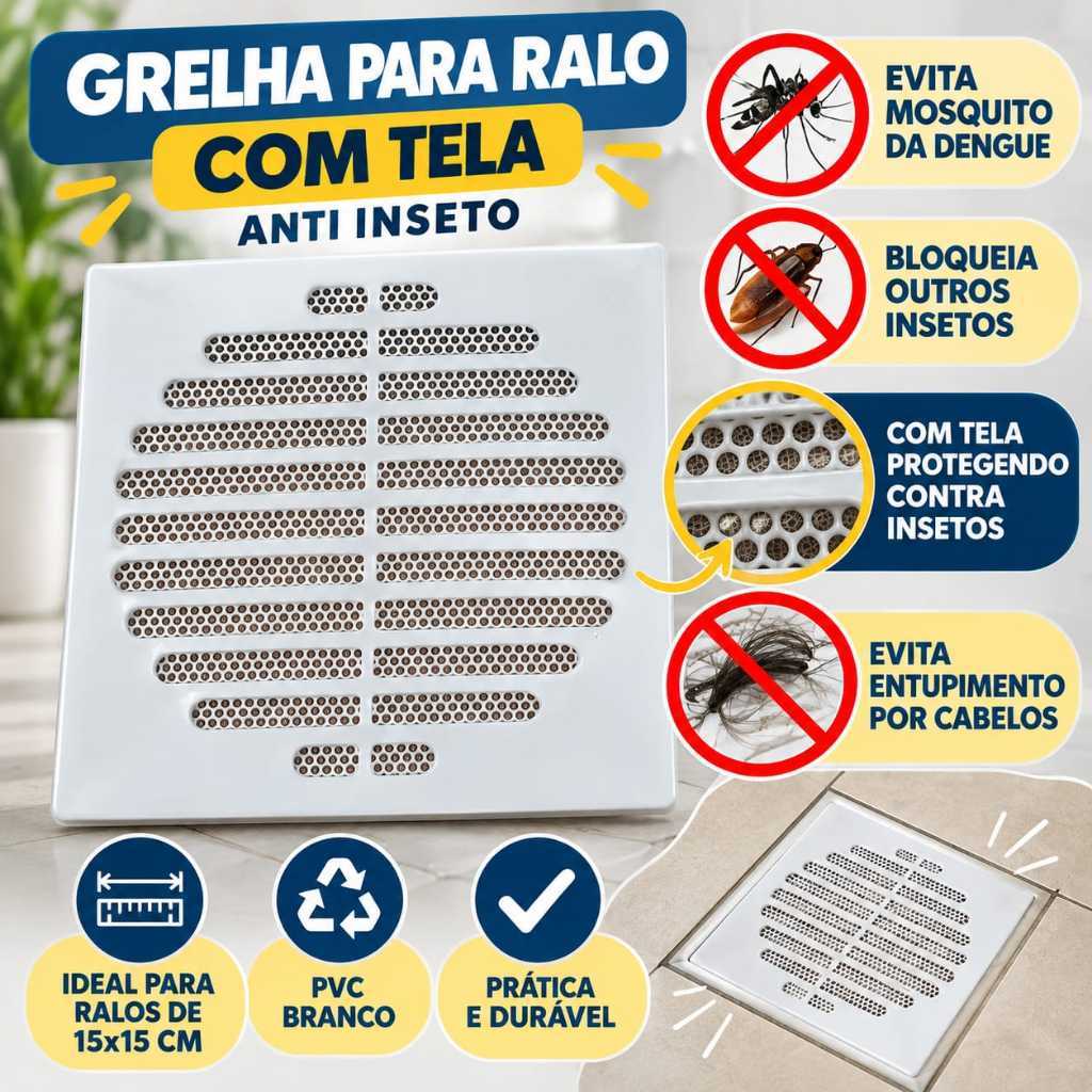 Ralo E Grelha Anti Inseto Com Tela 15cm Quadrado Branco Para Banheiro Modelo novo