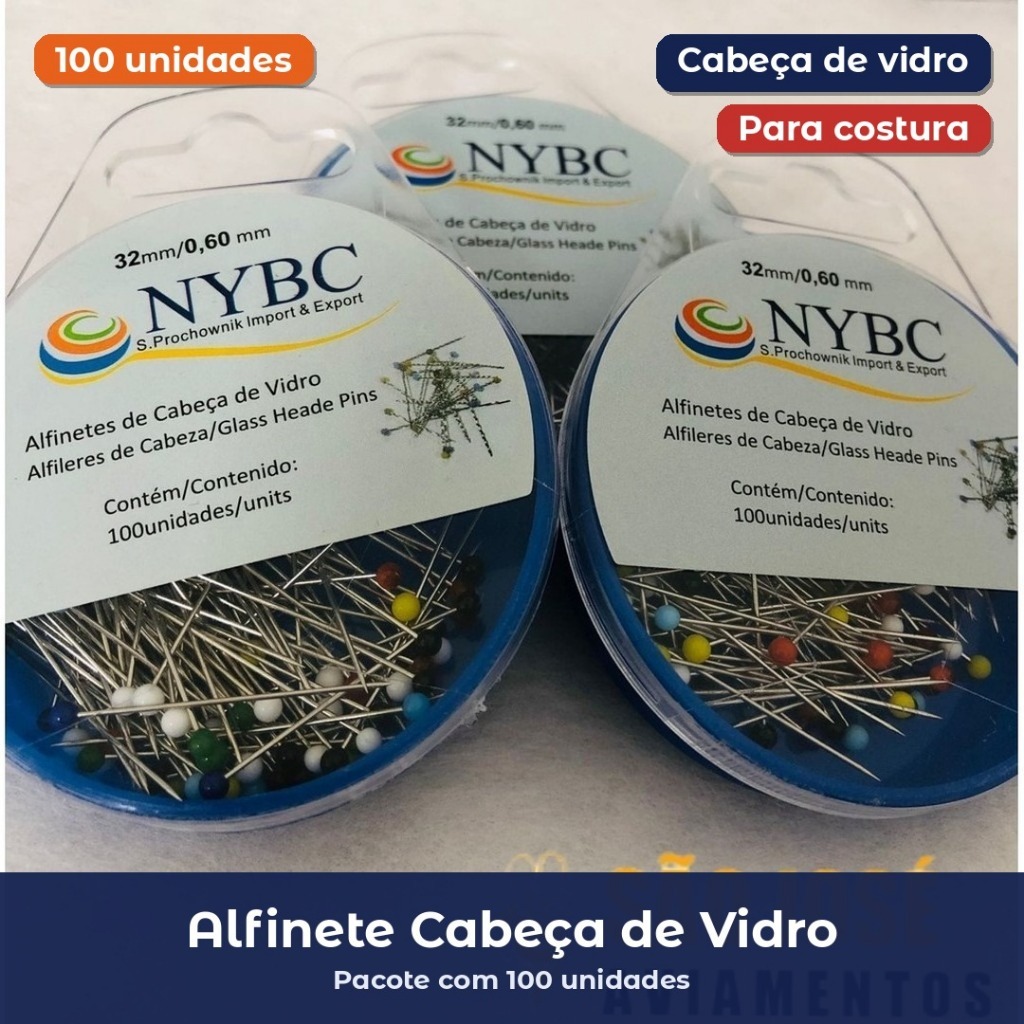 Alfinete com Cabeça de Vidro para Costura 100 Unidades