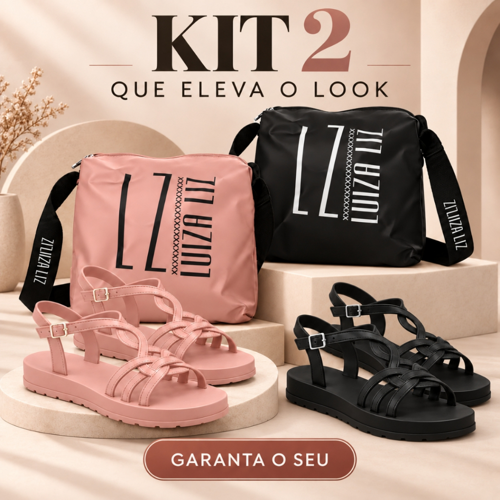 KIT 2 Kits Sandália Feminina Trançada Plataforma Bolsa Transversal Couro Sintético Confortável Numeração 33 ao 40