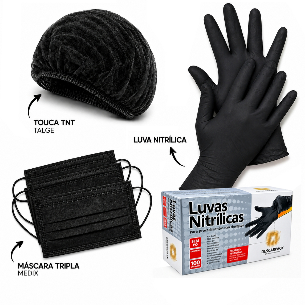 Kit Luvas Nitrílicas + Máscaras + Toucas Descartáveis || PRETO ||