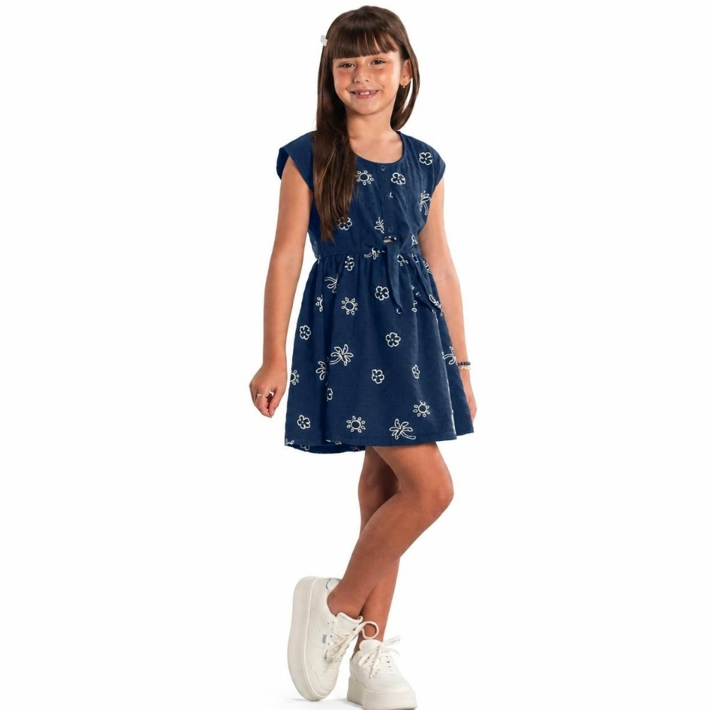 Vestido Infantil Menina Com Amarraçao Na Cintura Tropical Texturizado Brandili