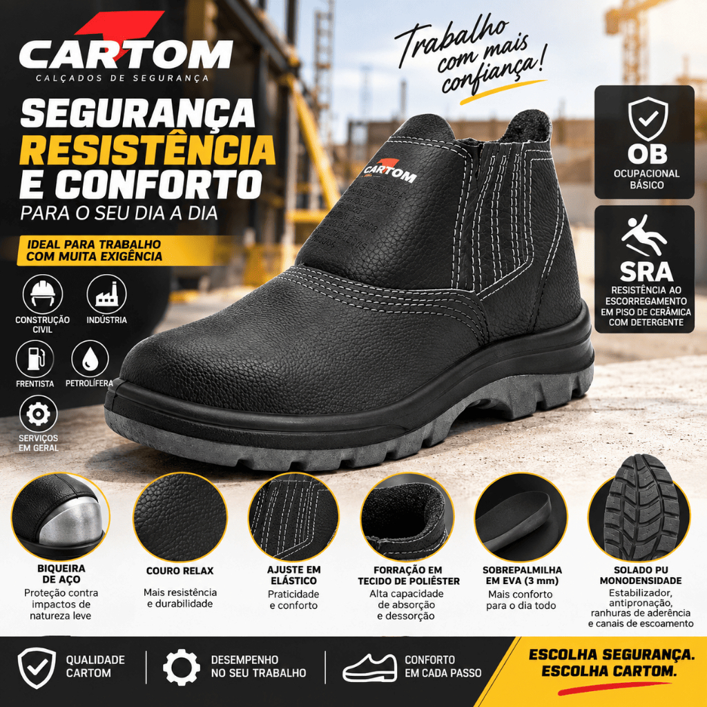 Botina De Segurança Bico de Aço Bidensidade Cartom EPI CA15079 Couro Preto Maxima Proteção