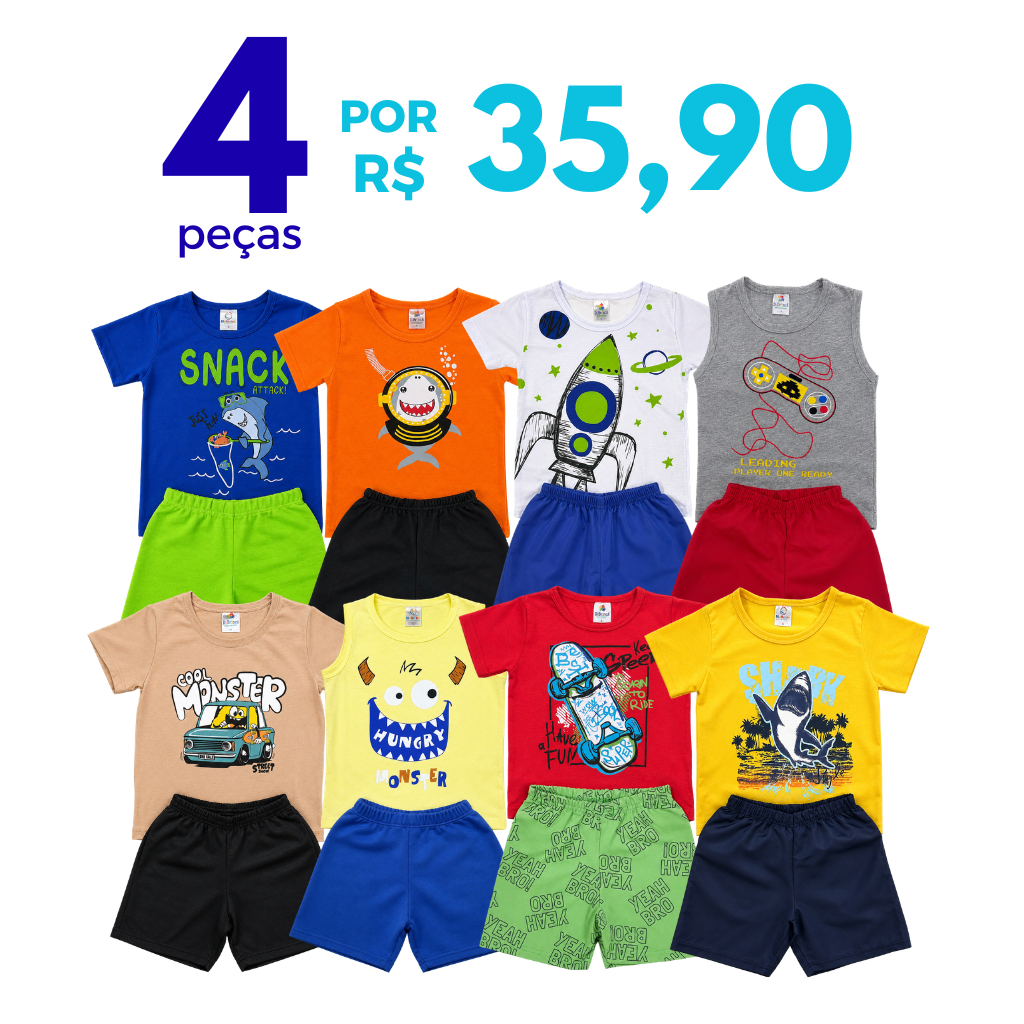 Kit 4 peças Conjunto Verão Roupa Menino Infantil 2 Camiseta e 2 Shorts/Bermudas Sortidos 2 Conjuntos